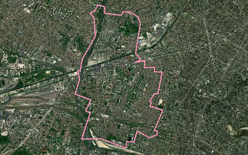 Vue satellite de Bondy avec ses contours administratifs
