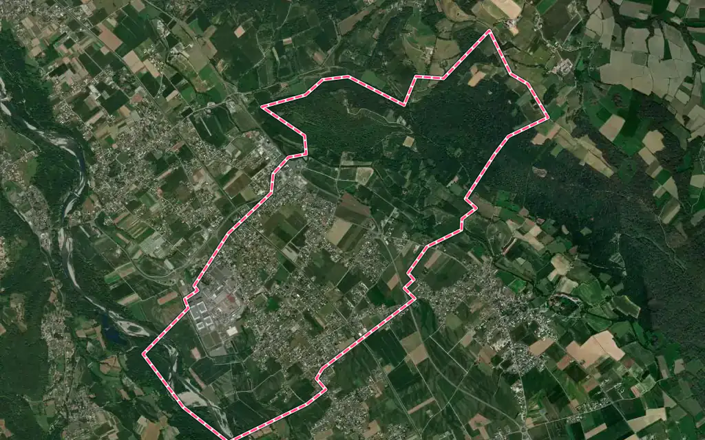 Vue satellite de Bordes avec ses contours administratifs