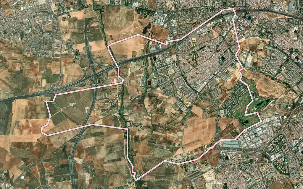 Vista satélite de Bormujos con su contorno administrativo