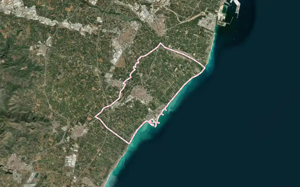 Vista satélite de Borriana / Burriana con su contorno administrativo