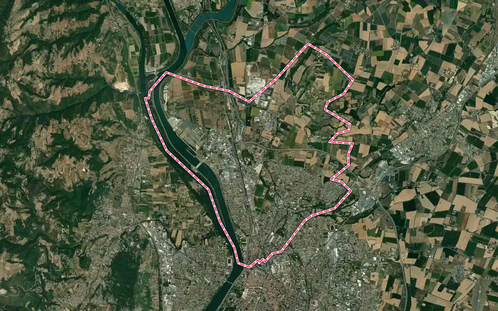Vue satellite de Bourg-lès-Valence avec ses contours administratifs