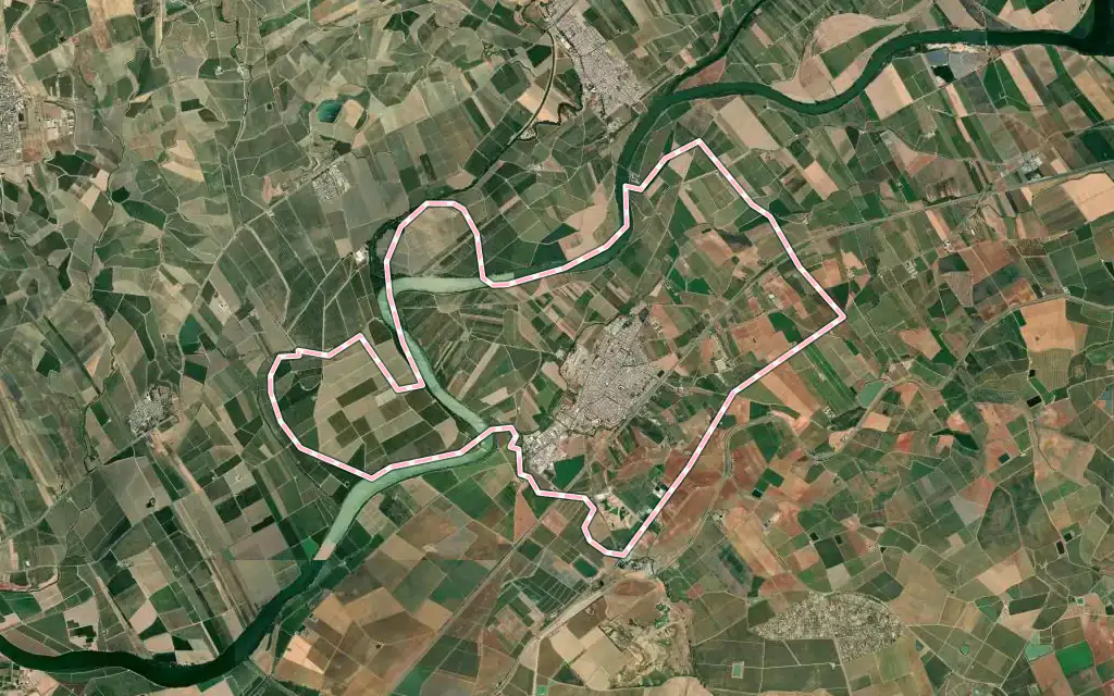 Vista satélite de Brenes con su contorno administrativo