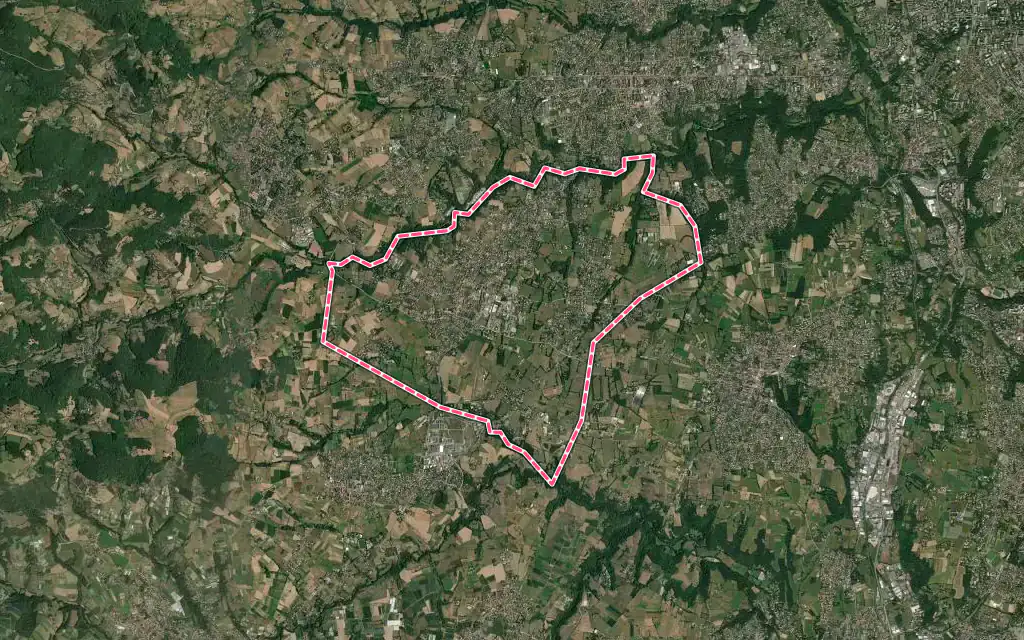 Vue satellite de Brindas avec ses contours administratifs