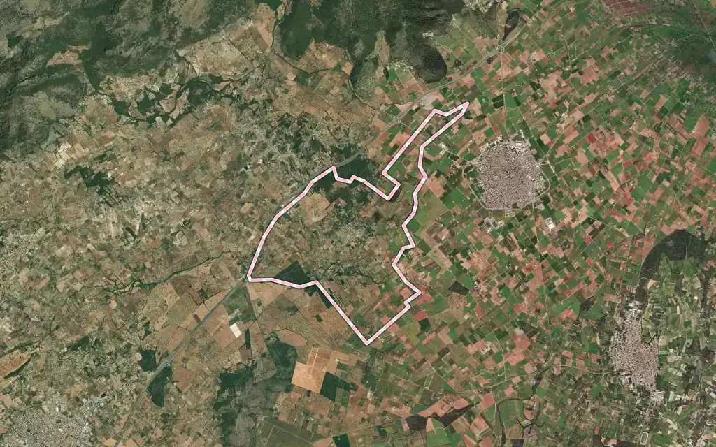 Vista satélite de Búger con su contorno administrativo
