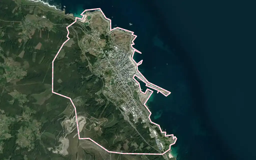 Vista satélite de Burela con su contorno administrativo