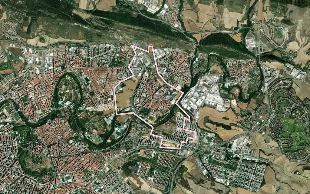 Vista satélite de Burlada / Burlata con su contorno administrativo