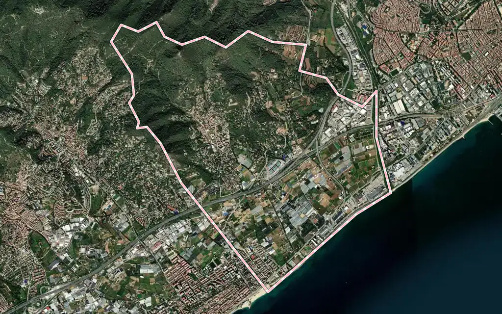 Vista satélite de Cabrera de Mar con su contorno administrativo