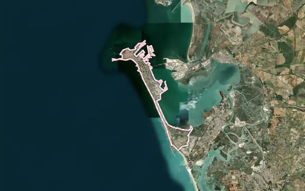 Vista satélite de Cádiz con su contorno administrativo