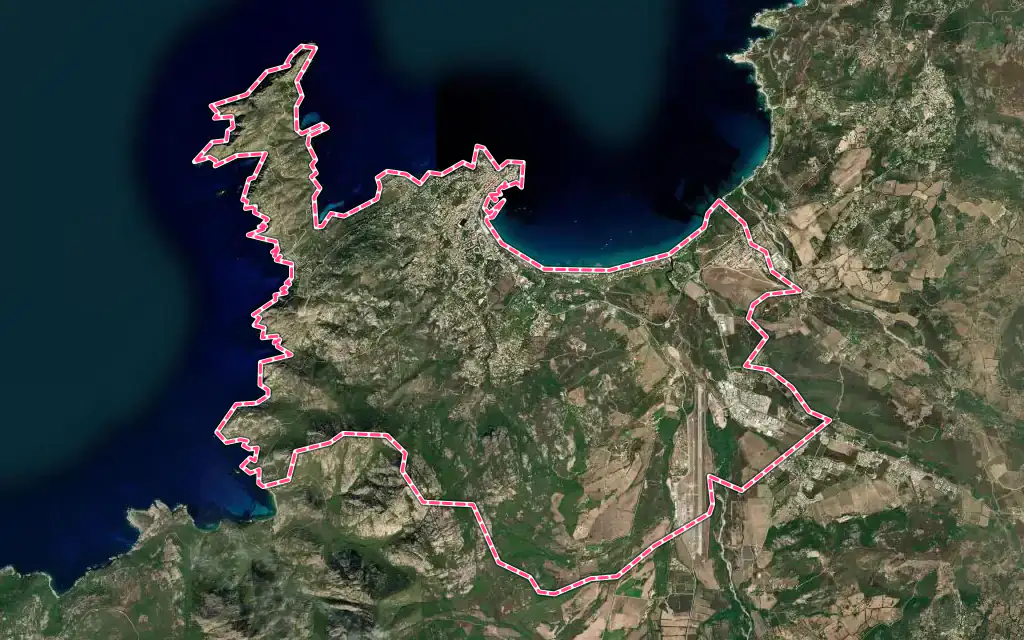 Vue satellite de Calvi avec ses contours administratifs
