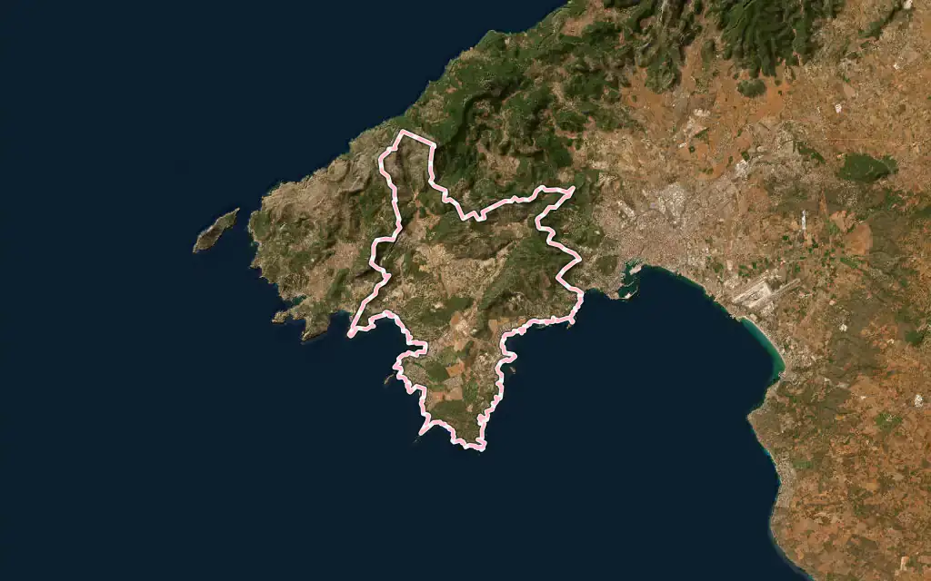 Vista satélite de Calvià con su contorno administrativo