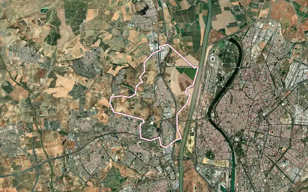 Vista satélite de Camas con su contorno administrativo