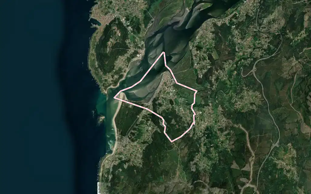 Vista satélite de Caminha (Matriz) e Vilarelho con su contorno administrativo