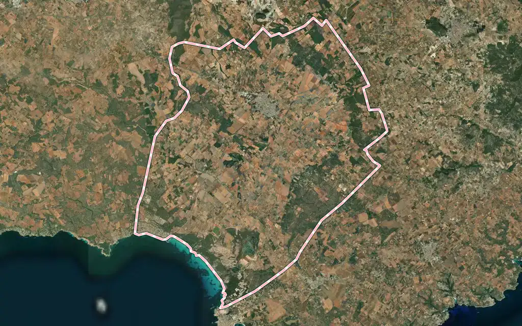 Vista satélite de Campos con su contorno administrativo