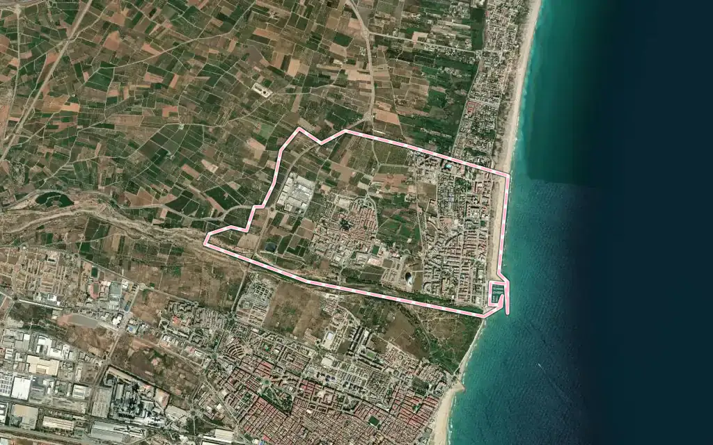Vista satélite de Canet d'en Berenguer con su contorno administrativo