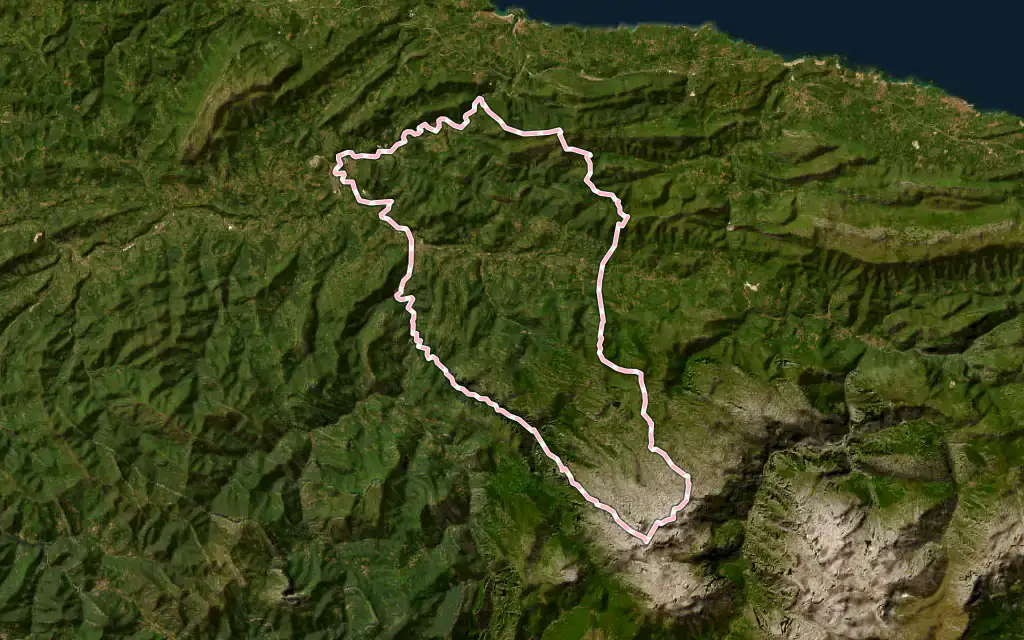 Vista satélite de Cangas de Onís con su contorno administrativo