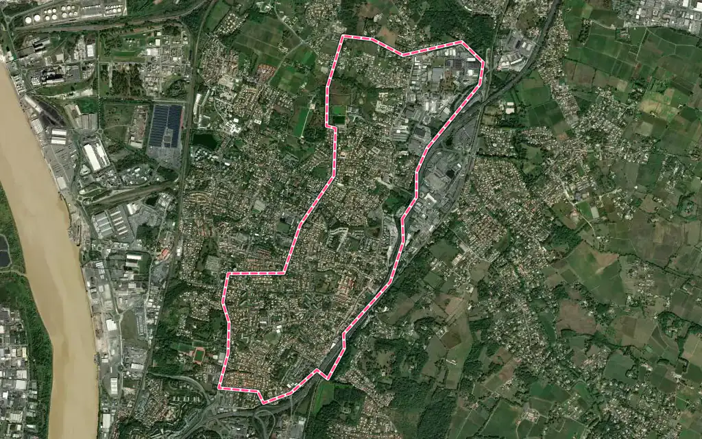 Vue satellite de Carbon-Blanc avec ses contours administratifs