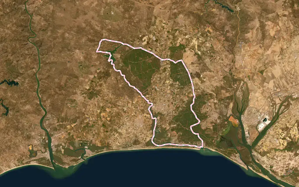 Vista satélite de Cartaya con su contorno administrativo