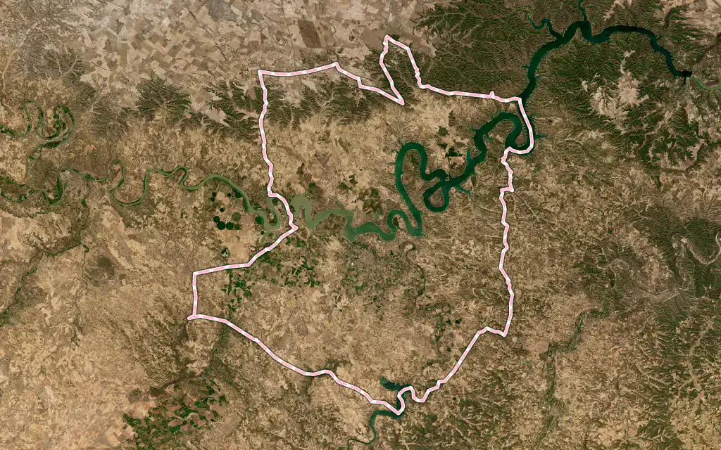 Vista satélite de Caspe con su contorno administrativo