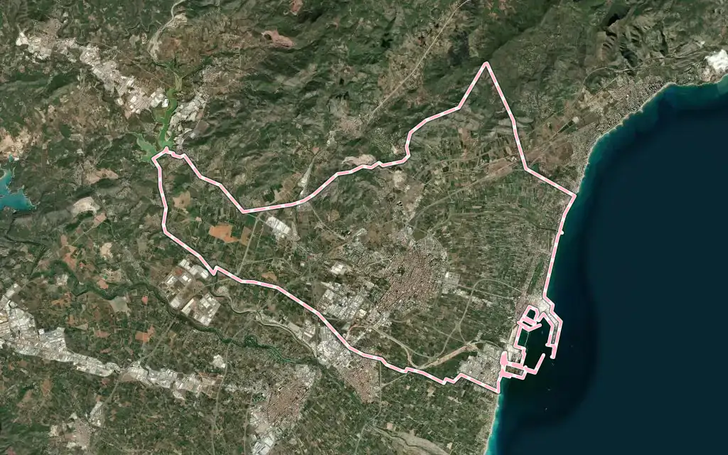 Vista satélite de Castelló de la Plana / Castellón de la Plana con su contorno administrativo