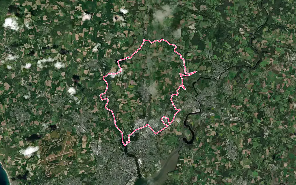 Vue satellite de Caudan avec ses contours administratifs