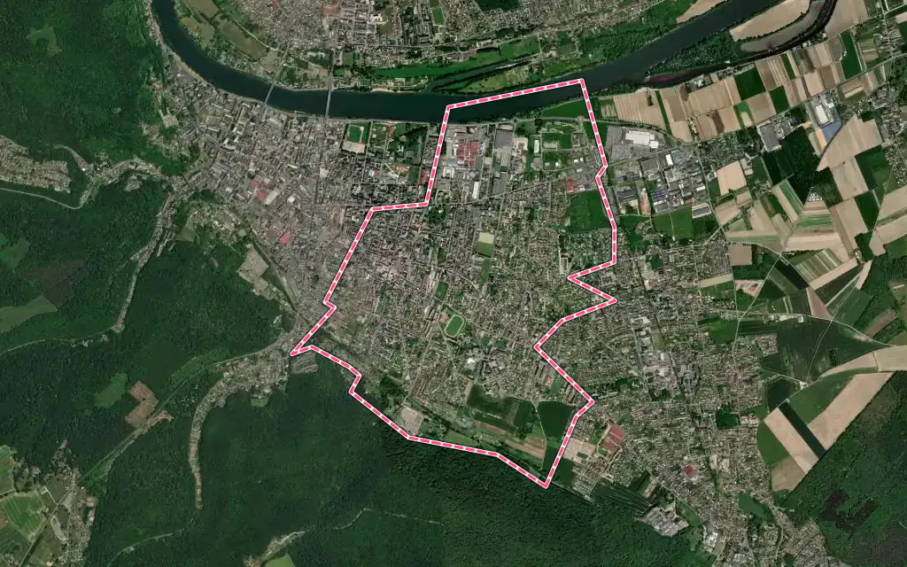 Vue satellite de Caudebec-lès-Elbeuf avec ses contours administratifs