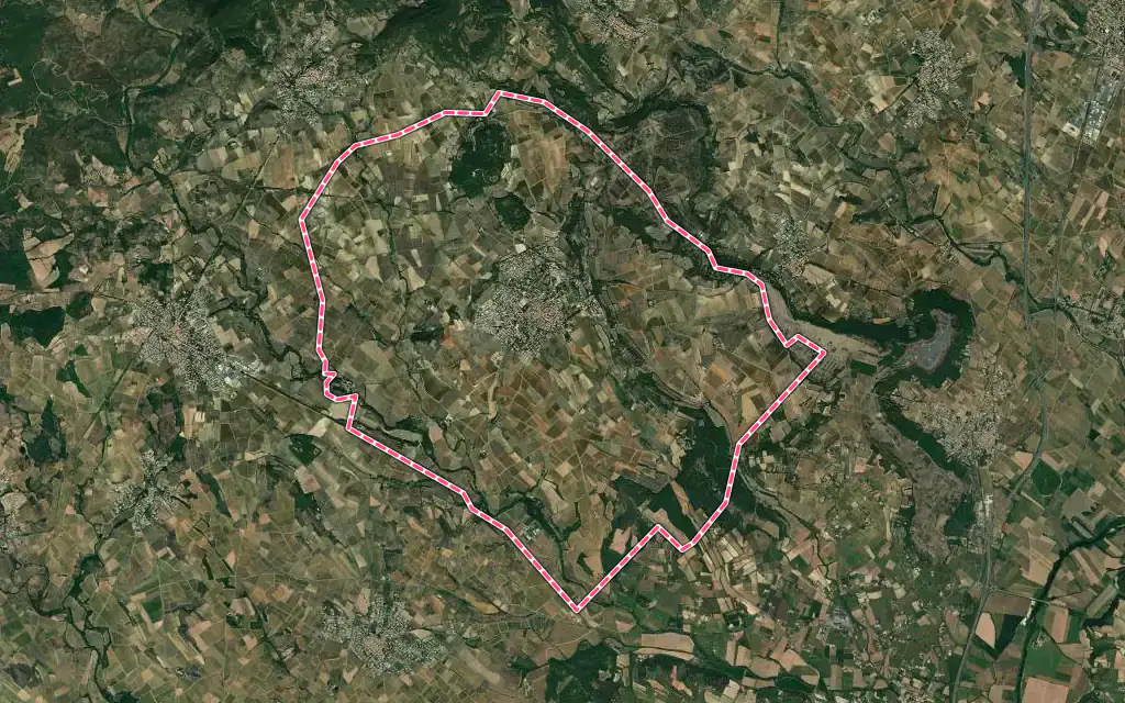 Vue satellite de Caux avec ses contours administratifs