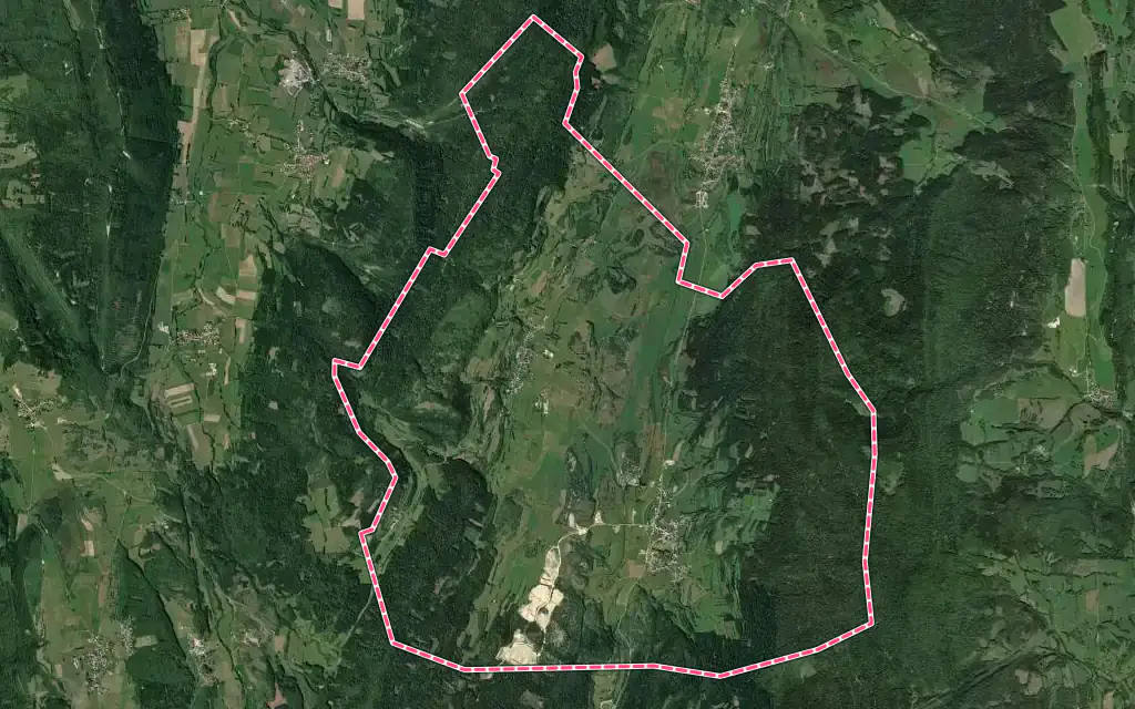 Vue satellite de Champdor-Corcelles avec ses contours administratifs