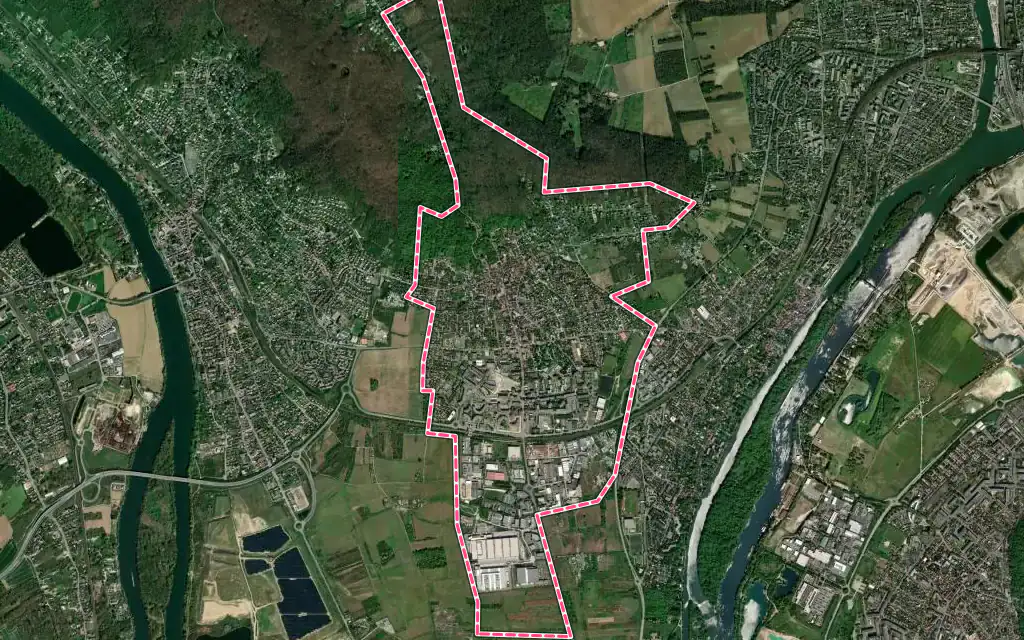 Vue satellite de Chanteloup-les-Vignes avec ses contours administratifs