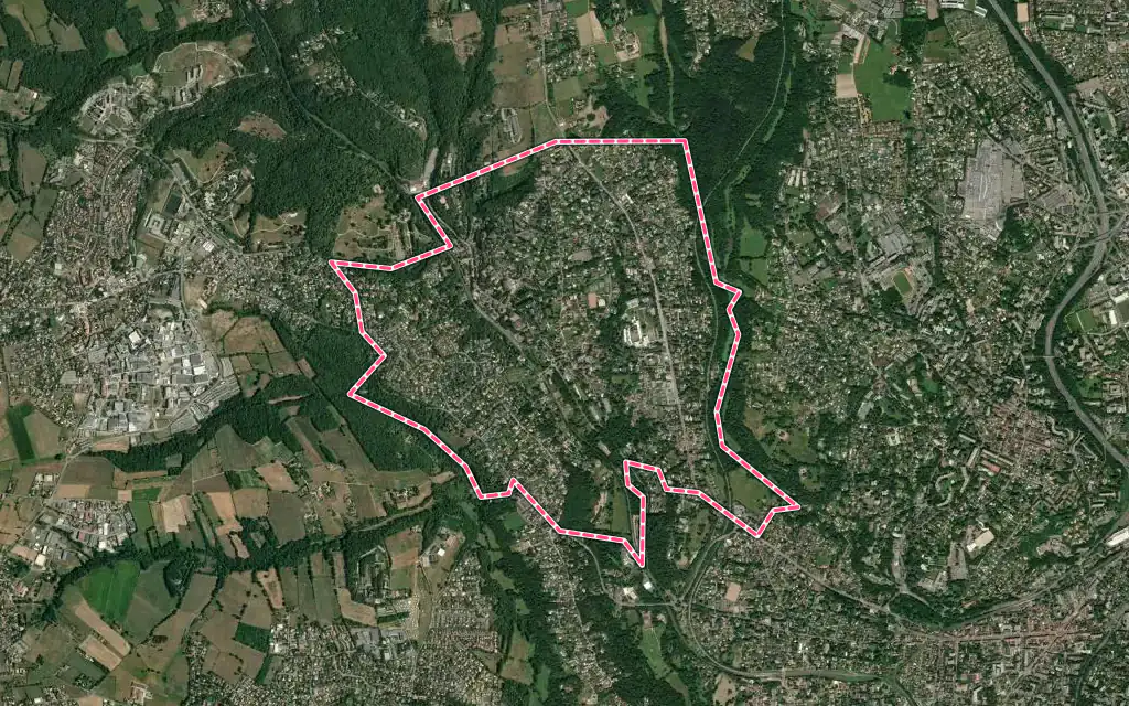 Vue satellite de Charbonnières-les-Bains avec ses contours administratifs