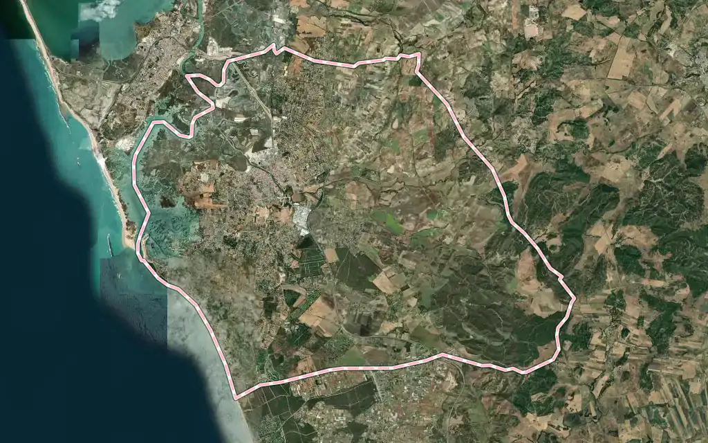 Vista satélite de Chiclana de la Frontera con su contorno administrativo