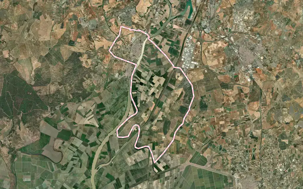 Vista satélite de Coria del Río con su contorno administrativo
