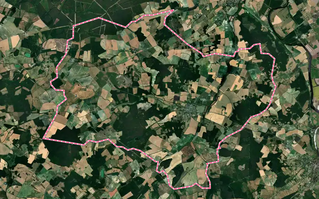 Vue satellite de Coussay-les-Bois avec ses contours administratifs
