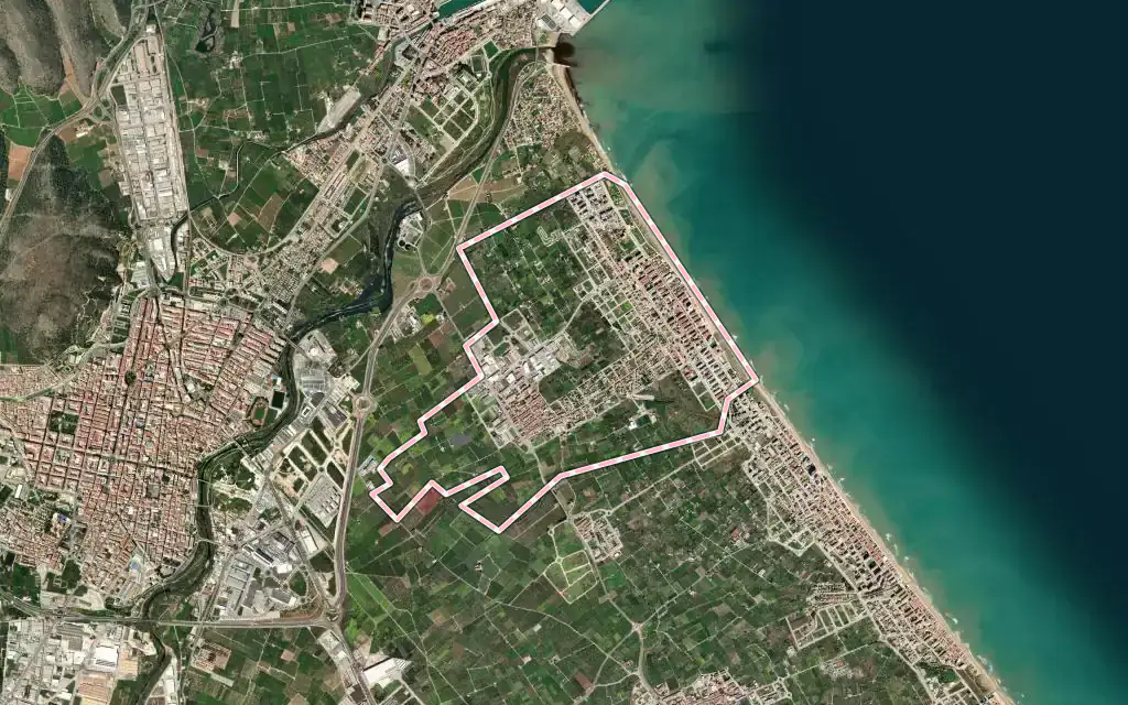 Vista satélite de Daimús con su contorno administrativo