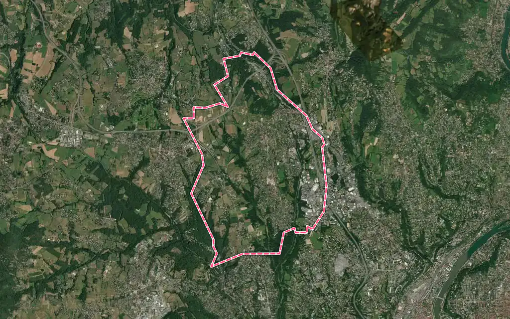 Vue satellite de Dardilly avec ses contours administratifs