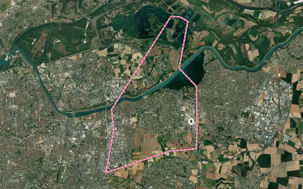Vue satellite de Décines-Charpieu avec ses contours administratifs