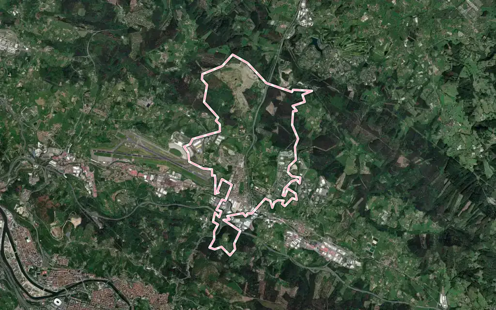 Vista satélite de Derio con su contorno administrativo