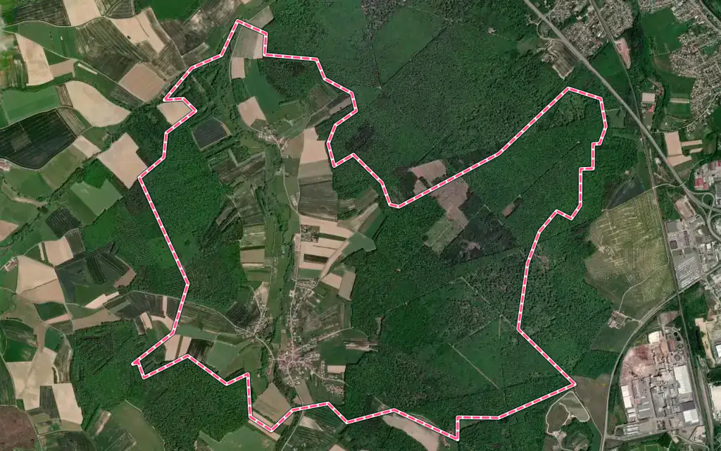 Vue satellite de Domèvre-sur-Avière avec ses contours administratifs