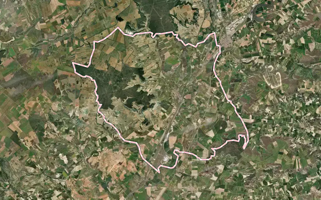 Vista satélite de Dueñas con su contorno administrativo