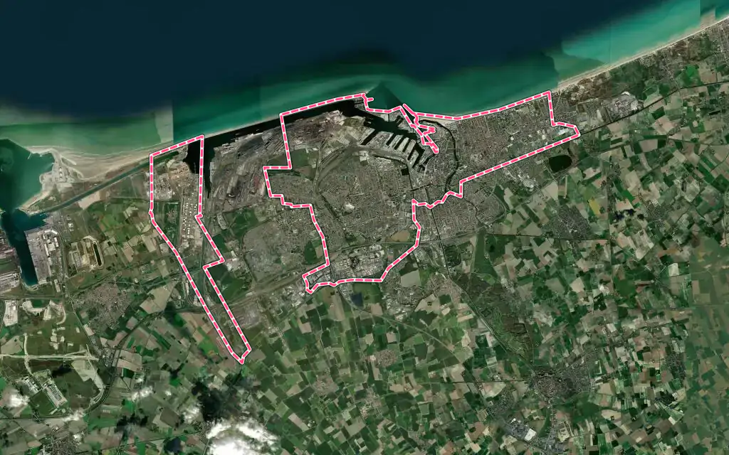 Vue satellite de Dunkerque avec ses contours administratifs
