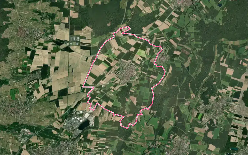 Vue satellite de Ebersheim avec ses contours administratifs