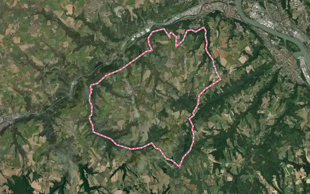 Vue satellite de Échalas avec ses contours administratifs