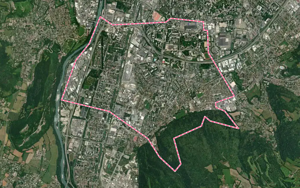 Vue satellite de Échirolles avec ses contours administratifs