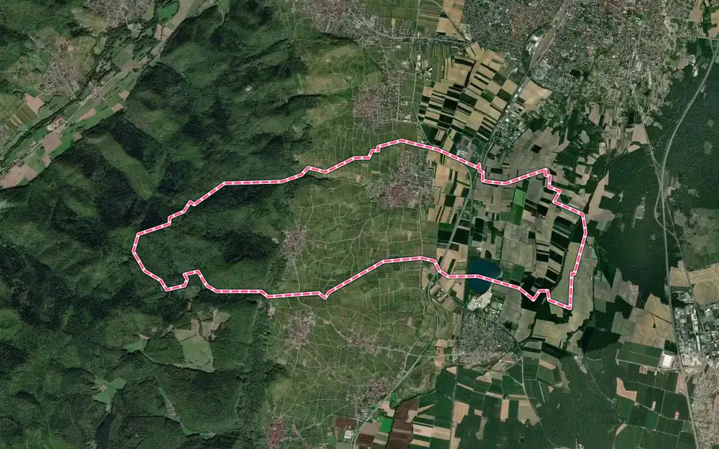Vue satellite de Eguisheim avec ses contours administratifs