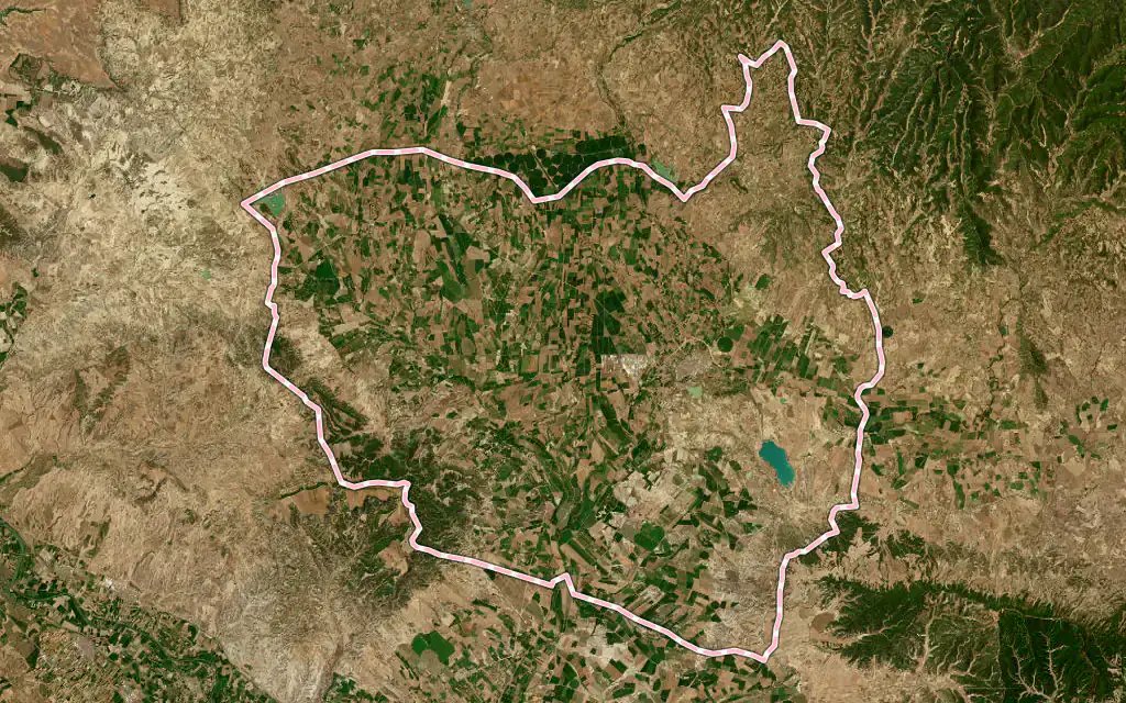 Vista satélite de Ejea de los Caballeros con su contorno administrativo