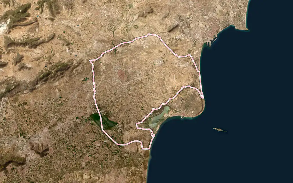 Vista satélite de Elx / Elche con su contorno administrativo
