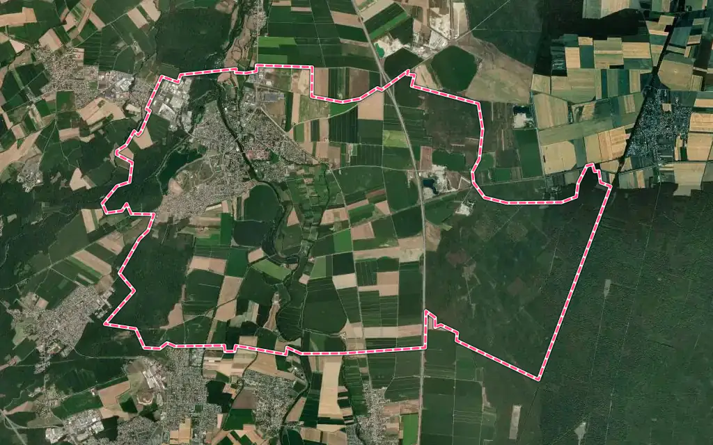Vue satellite de Ensisheim avec ses contours administratifs