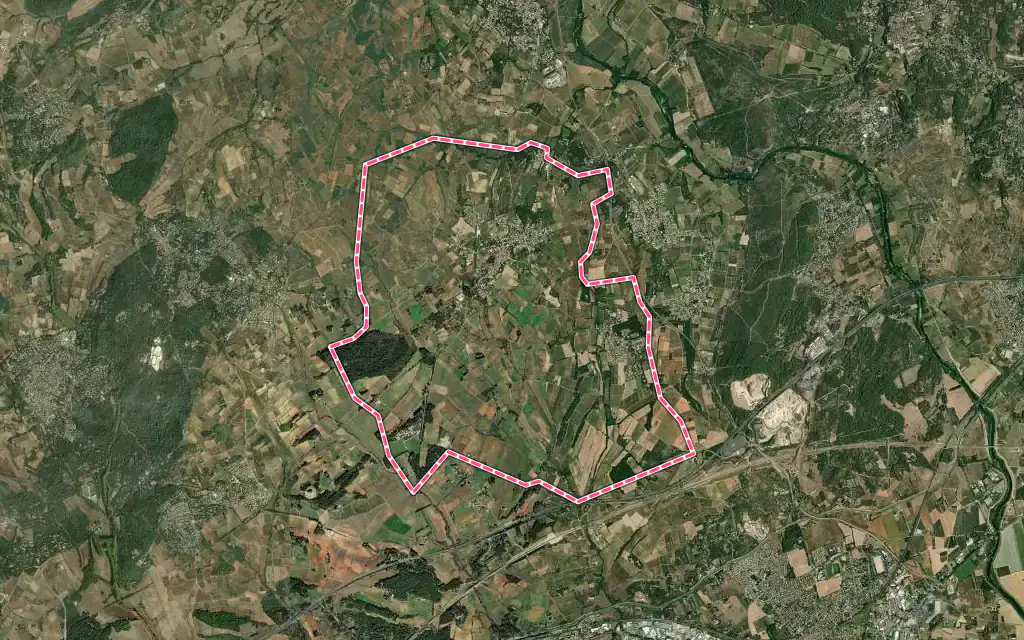Vue satellite de Entre-Vignes avec ses contours administratifs