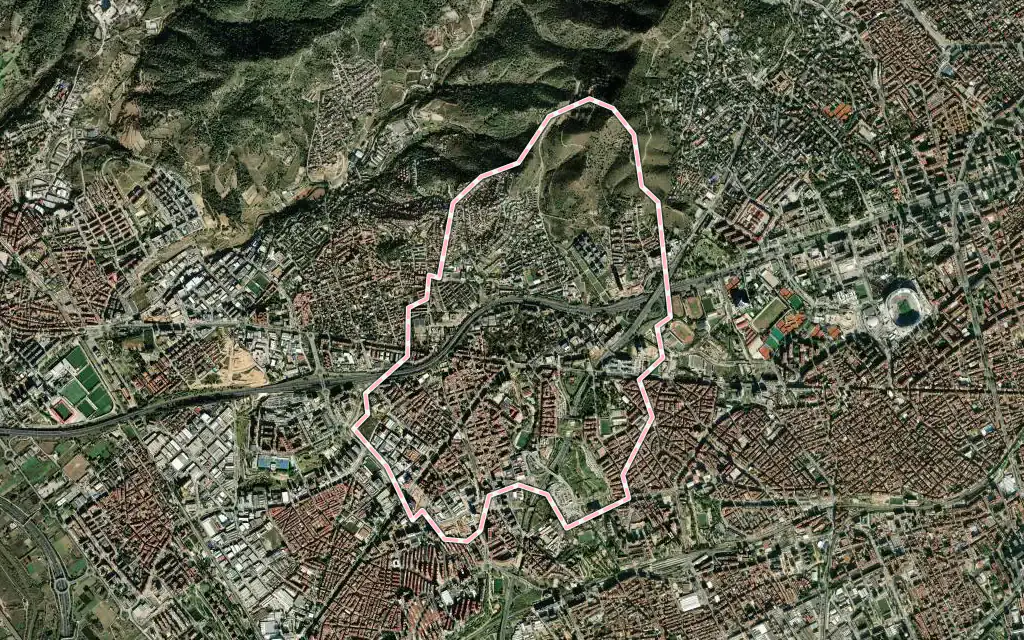 Vista satélite de Esplugues de Llobregat con su contorno administrativo