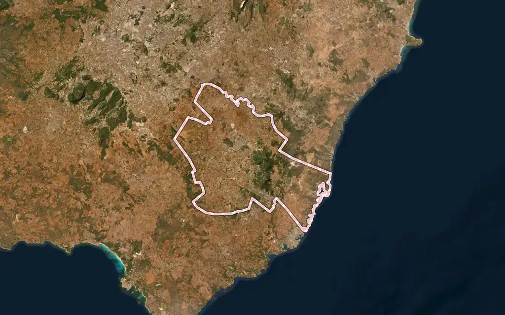 Vista satélite de Felanitx con su contorno administrativo
