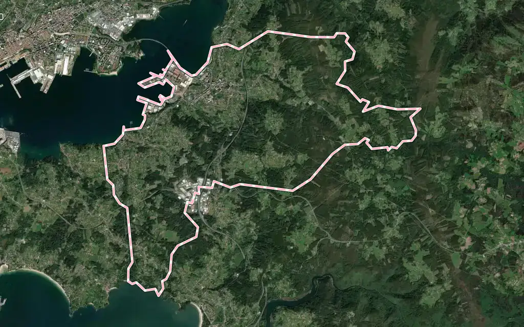Vista satélite de Fene con su contorno administrativo